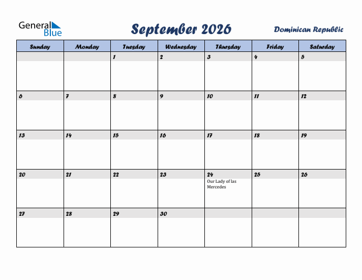 September 2026 Calendar with Holidays in Dominican Republic