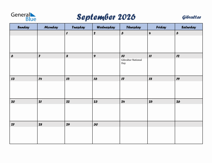 September 2026 Calendar with Holidays in Gibraltar