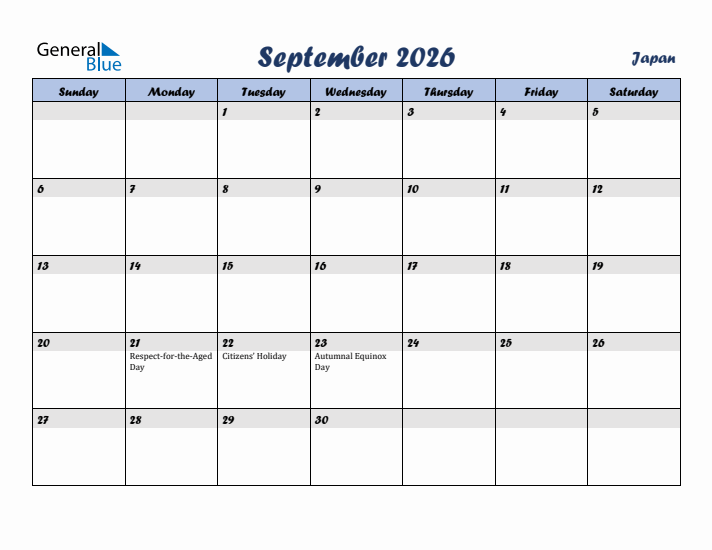 September 2026 Calendar with Holidays in Japan