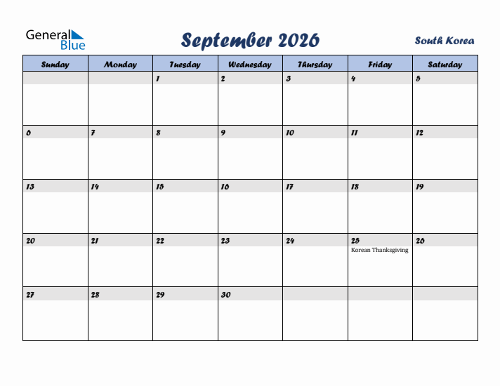 September 2026 Calendar with Holidays in South Korea