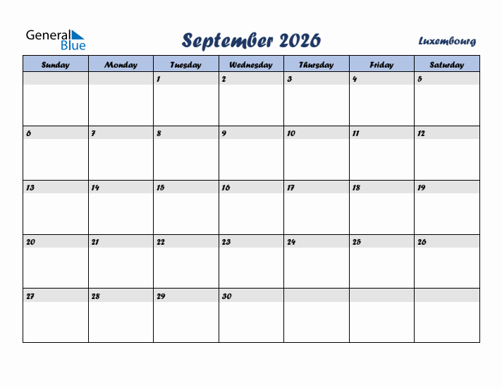 September 2026 Calendar with Holidays in Luxembourg