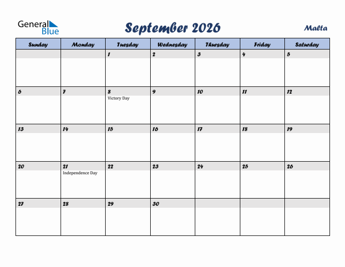 September 2026 Calendar with Holidays in Malta