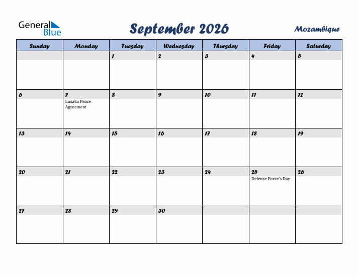 September 2026 Calendar with Holidays in Mozambique