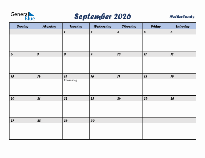 September 2026 Calendar with Holidays in The Netherlands
