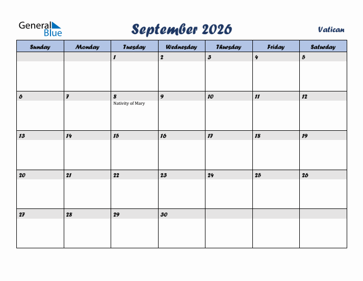 September 2026 Calendar with Holidays in Vatican