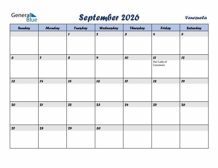 September 2026 Calendar with Holidays in Venezuela