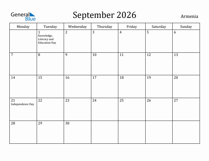 September 2026 Calendar Armenia