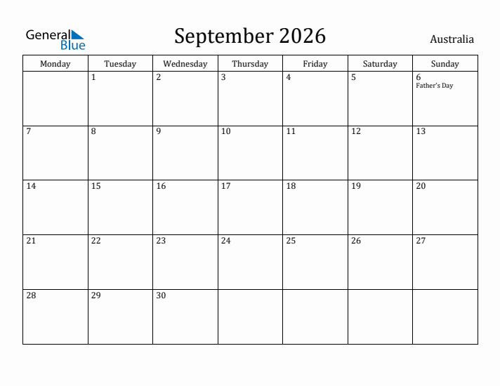 September 2026 Calendar Australia