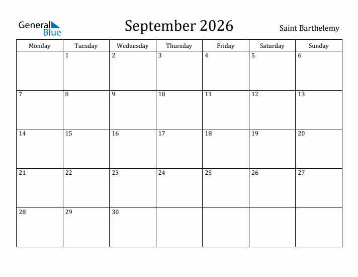 September 2026 Calendar Saint Barthelemy