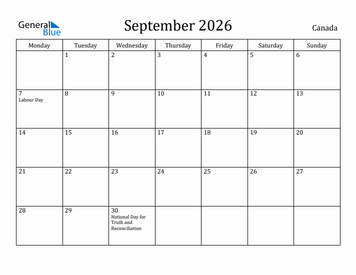 September 2026 Calendar Canada
