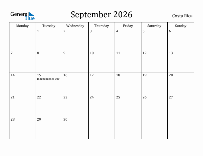 September 2026 Calendar Costa Rica