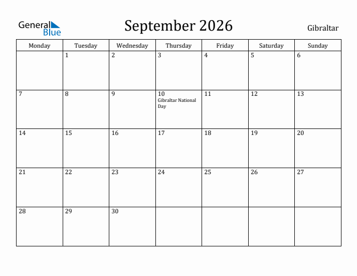 September 2026 Calendar Gibraltar