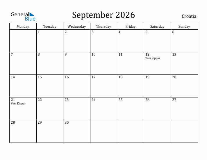 September 2026 Calendar Croatia