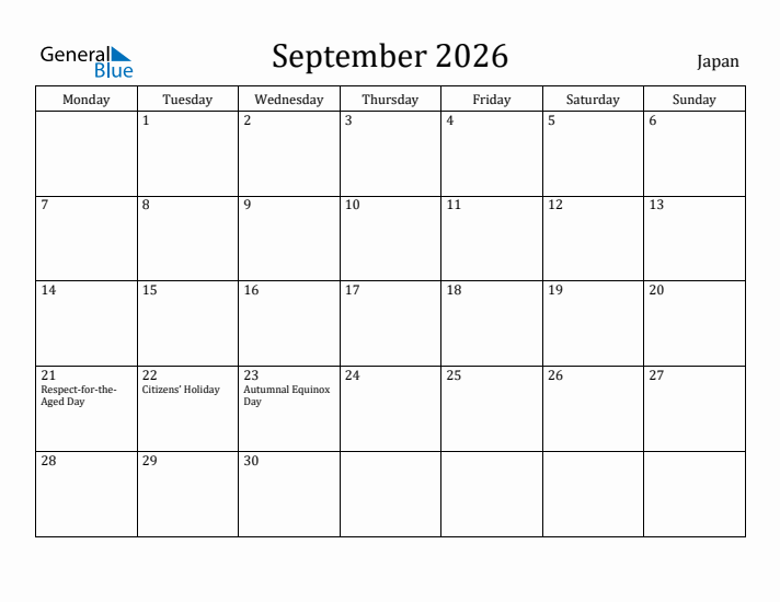September 2026 Calendar Japan