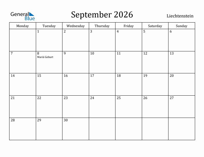 September 2026 Calendar Liechtenstein