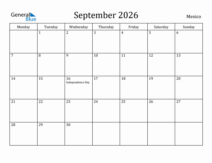 September 2026 Calendar Mexico