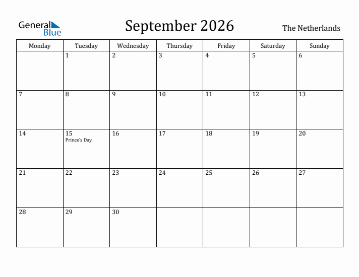 September 2026 Calendar The Netherlands