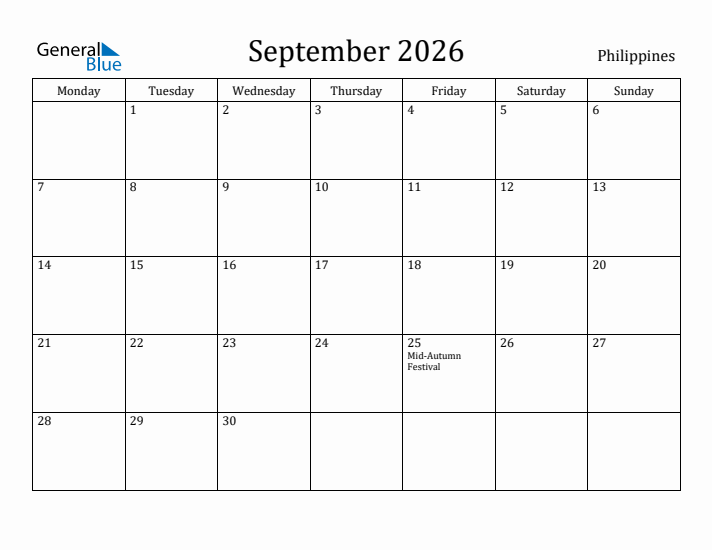September 2026 Calendar Philippines