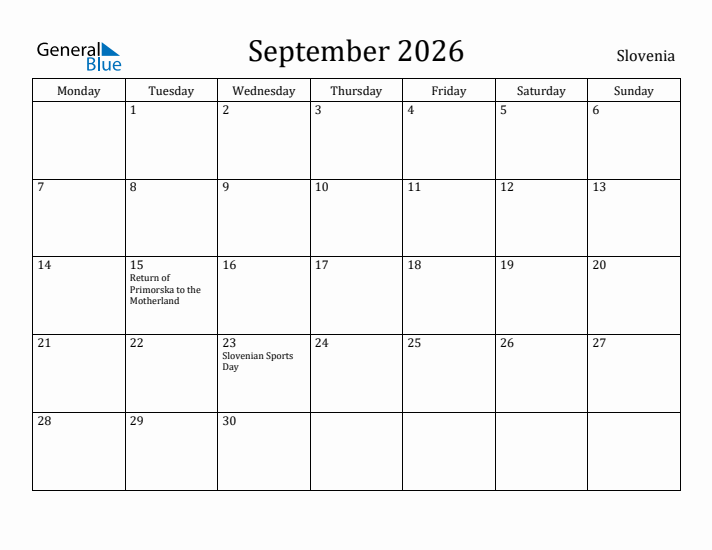 September 2026 Calendar Slovenia