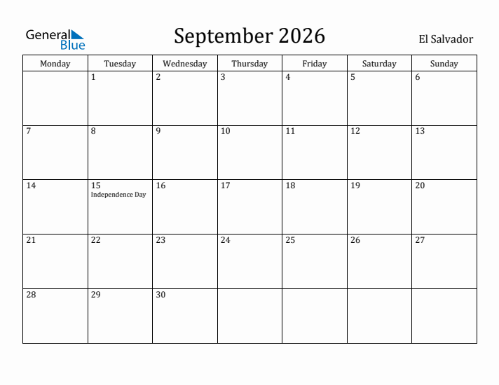 September 2026 Calendar El Salvador