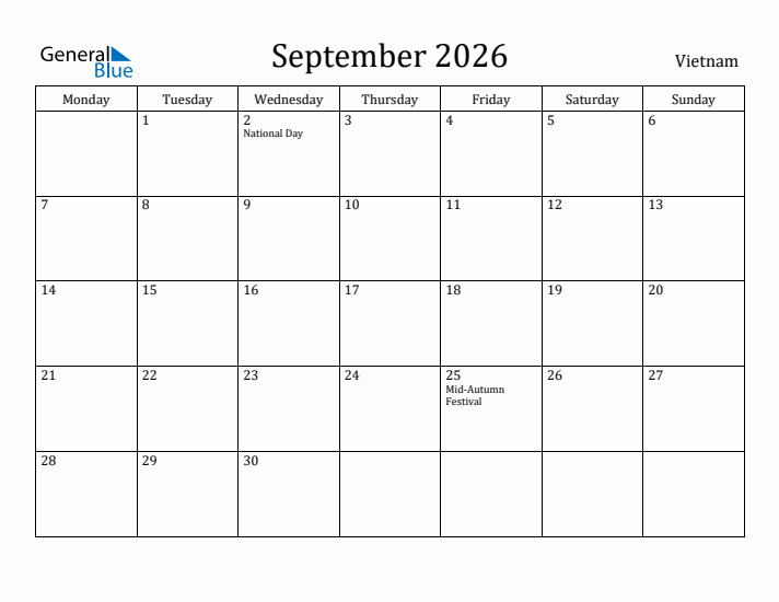September 2026 Calendar Vietnam