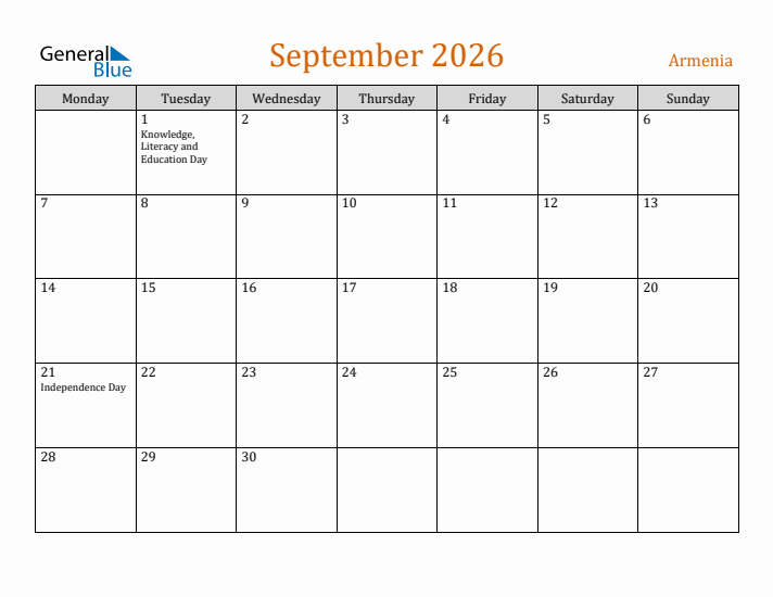September 2026 Holiday Calendar with Monday Start