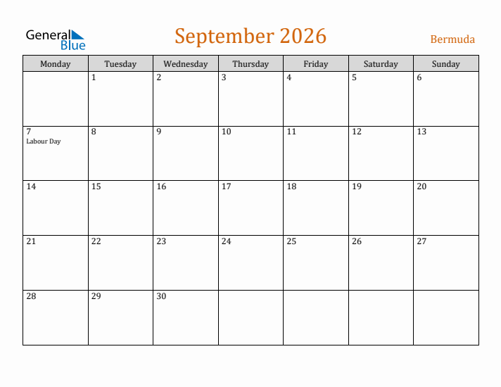 September 2026 Holiday Calendar with Monday Start
