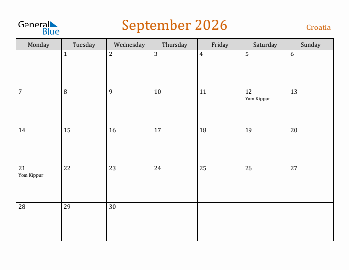 September 2026 Holiday Calendar with Monday Start