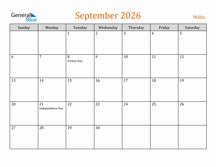 September 2026 Holiday Calendar with Sunday Start