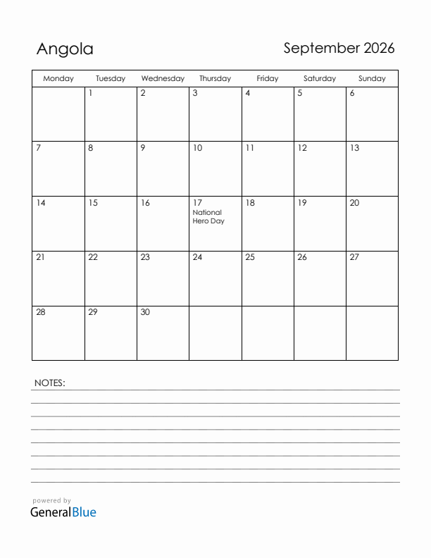 September 2026 Angola Calendar with Holidays (Monday Start)