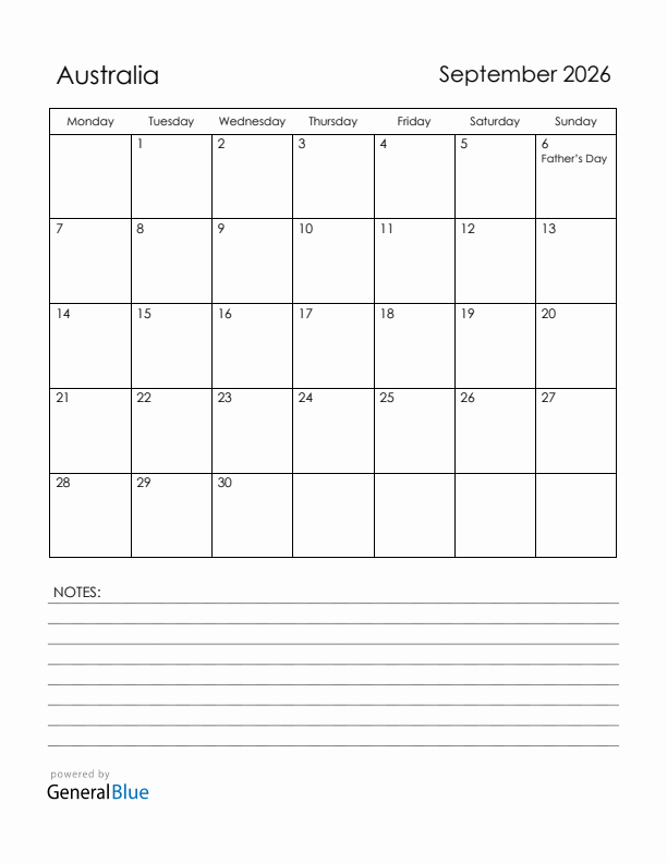September 2026 Australia Calendar with Holidays (Monday Start)