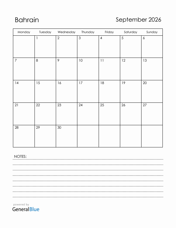 September 2026 Bahrain Calendar with Holidays (Monday Start)