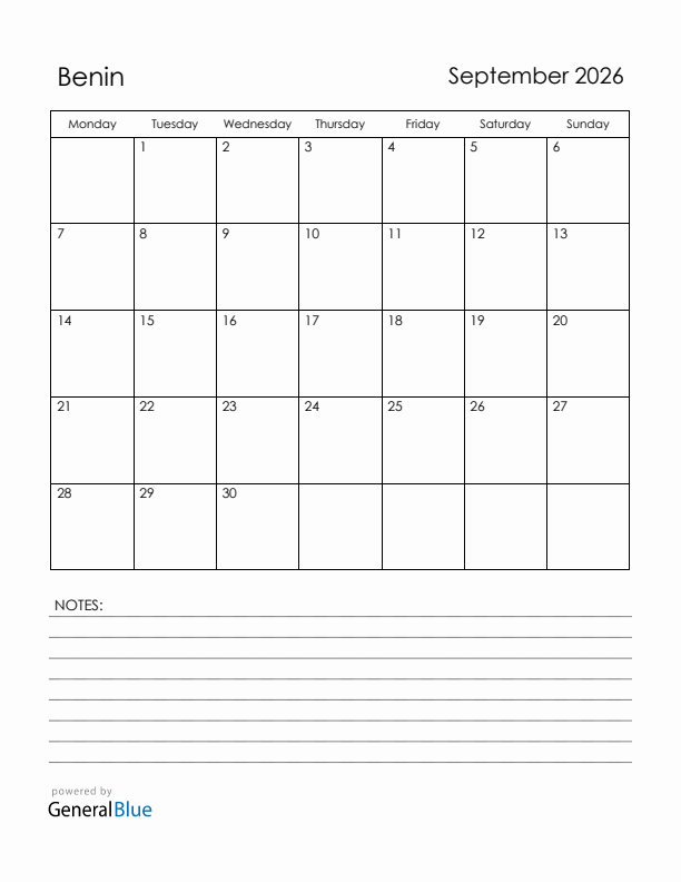 September 2026 Benin Calendar with Holidays (Monday Start)