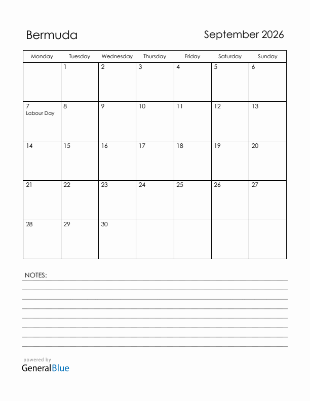 September 2026 Bermuda Calendar with Holidays (Monday Start)