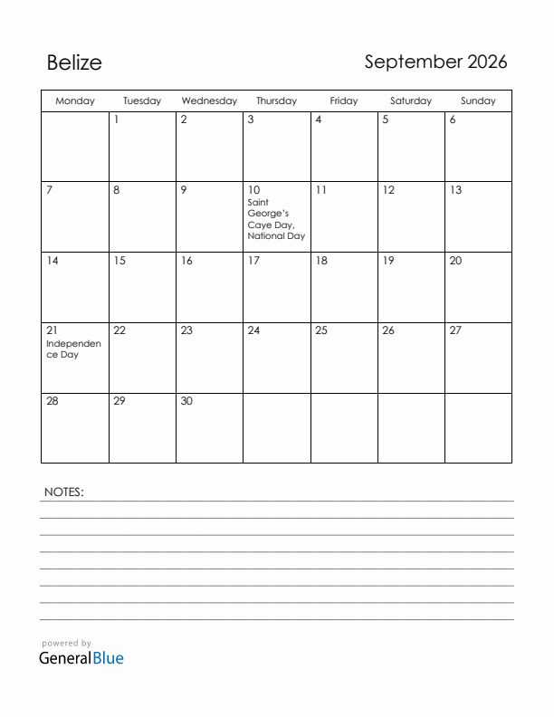 September 2026 Belize Calendar with Holidays (Monday Start)