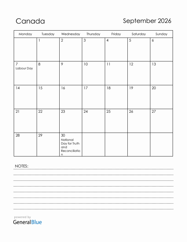 September 2026 Canada Calendar with Holidays (Monday Start)