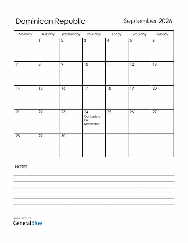 September 2026 Dominican Republic Calendar with Holidays (Monday Start)