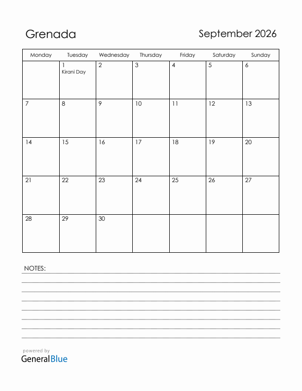 September 2026 Grenada Calendar with Holidays (Monday Start)