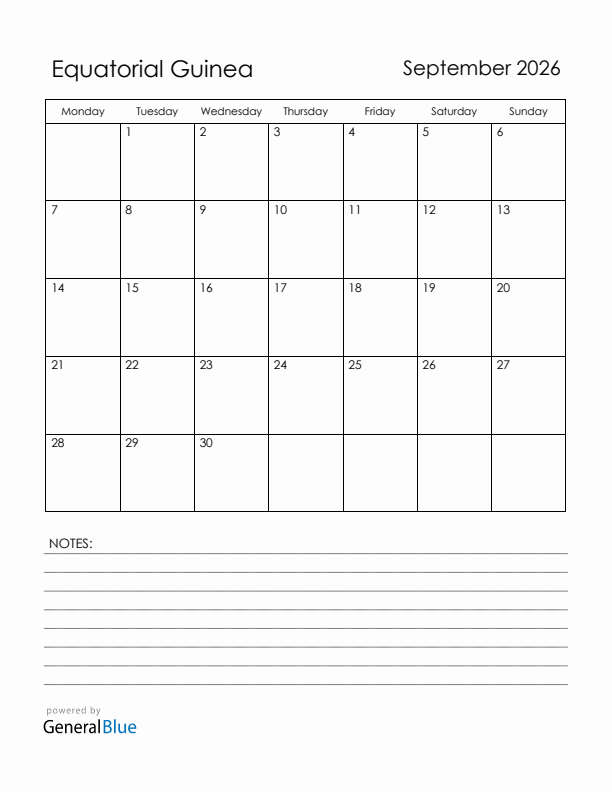 September 2026 Equatorial Guinea Calendar with Holidays (Monday Start)