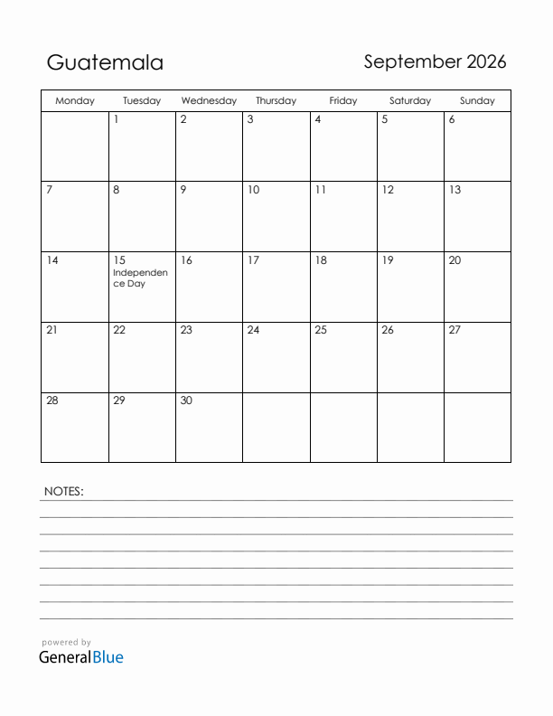 September 2026 Guatemala Calendar with Holidays (Monday Start)