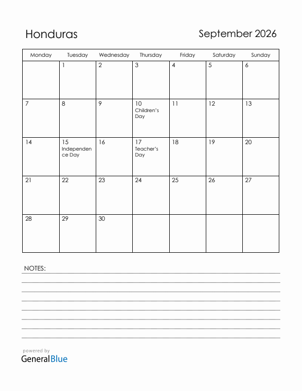 September 2026 Honduras Calendar with Holidays (Monday Start)