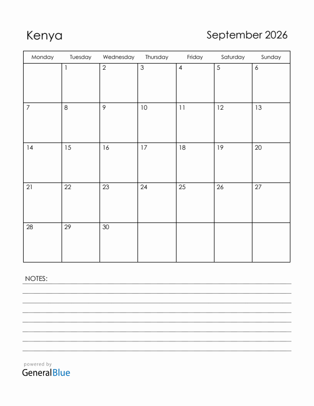 September 2026 Kenya Calendar with Holidays (Monday Start)