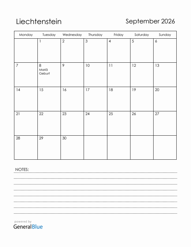 September 2026 Liechtenstein Calendar with Holidays (Monday Start)