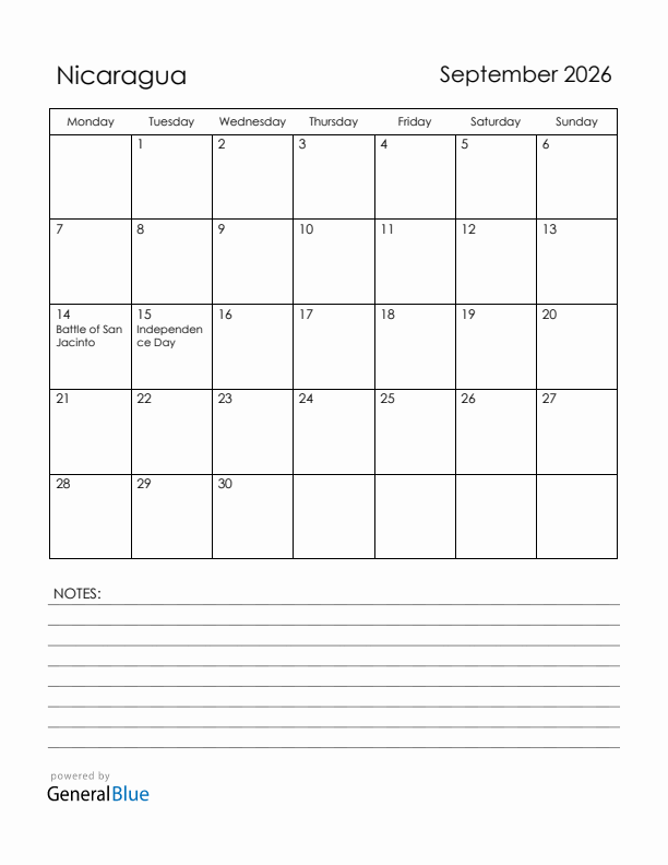 September 2026 Nicaragua Calendar with Holidays (Monday Start)