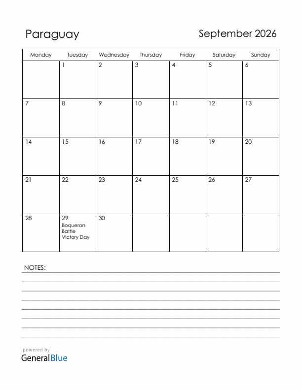 September 2026 Paraguay Calendar with Holidays (Monday Start)