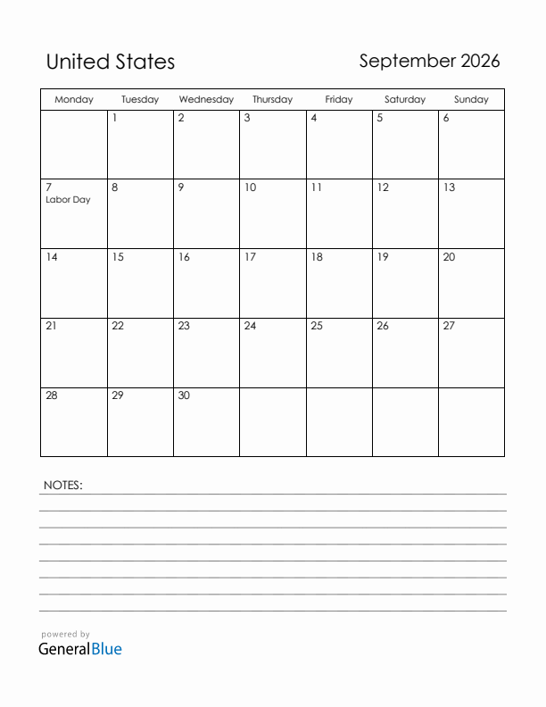 September 2026 United States Calendar with Holidays (Monday Start)
