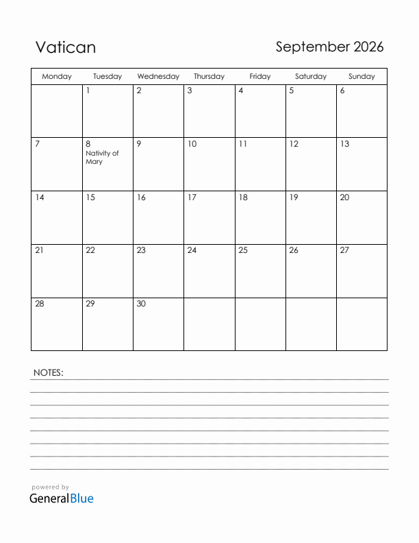 September 2026 Vatican Calendar with Holidays (Monday Start)