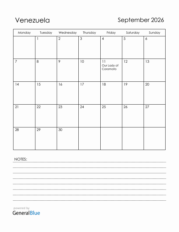 September 2026 Venezuela Calendar with Holidays (Monday Start)