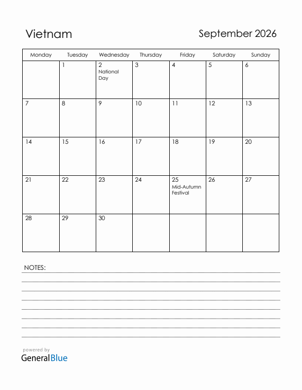 September 2026 Vietnam Calendar with Holidays (Monday Start)