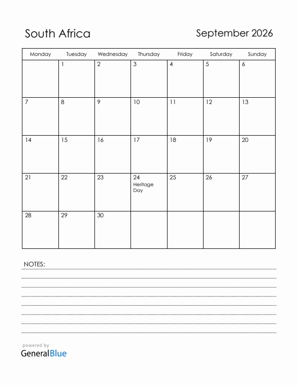 September 2026 South Africa Calendar with Holidays (Monday Start)